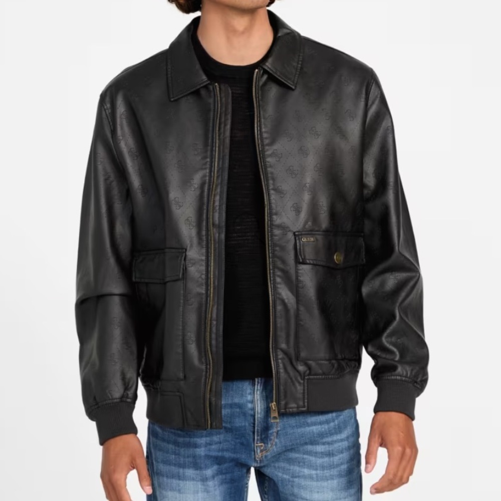 Mens GUESS Monogram Black Faux-Leather Aviator Jacket // size M